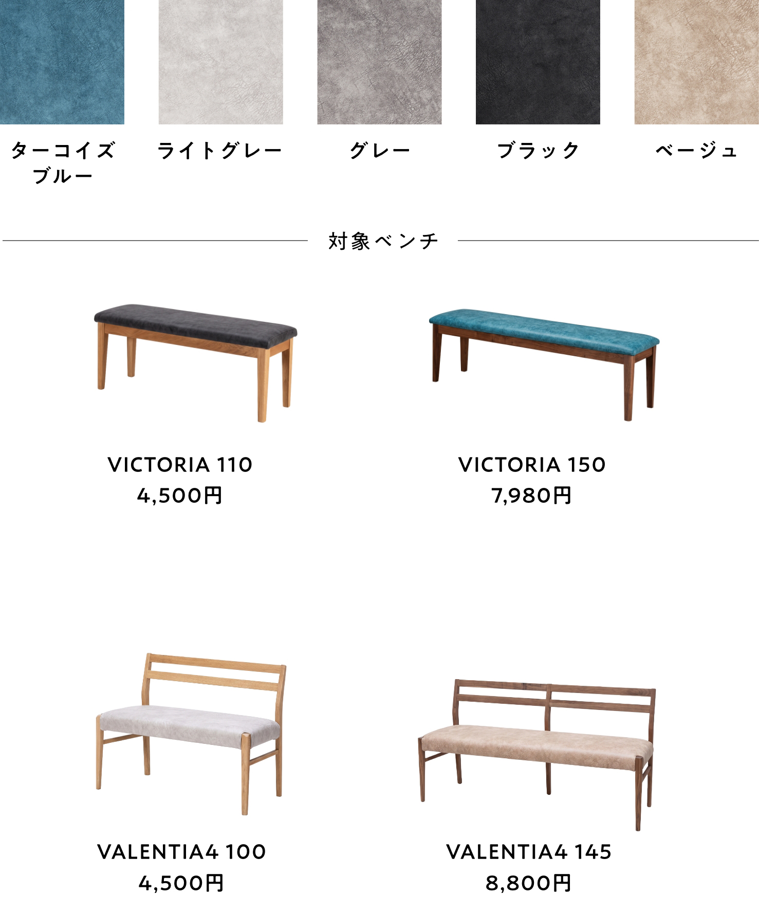 ベンチカバー MELONのカラー5色（ターコイズブルー・ライトグレー・グレー・ブラック・ベージュ）と対象ベンチ VICTORIA 110 4,500円・VICTORIA 150 7,980円・VALENTIA4 100 4,500円・VALENTIA4 145 8,800円