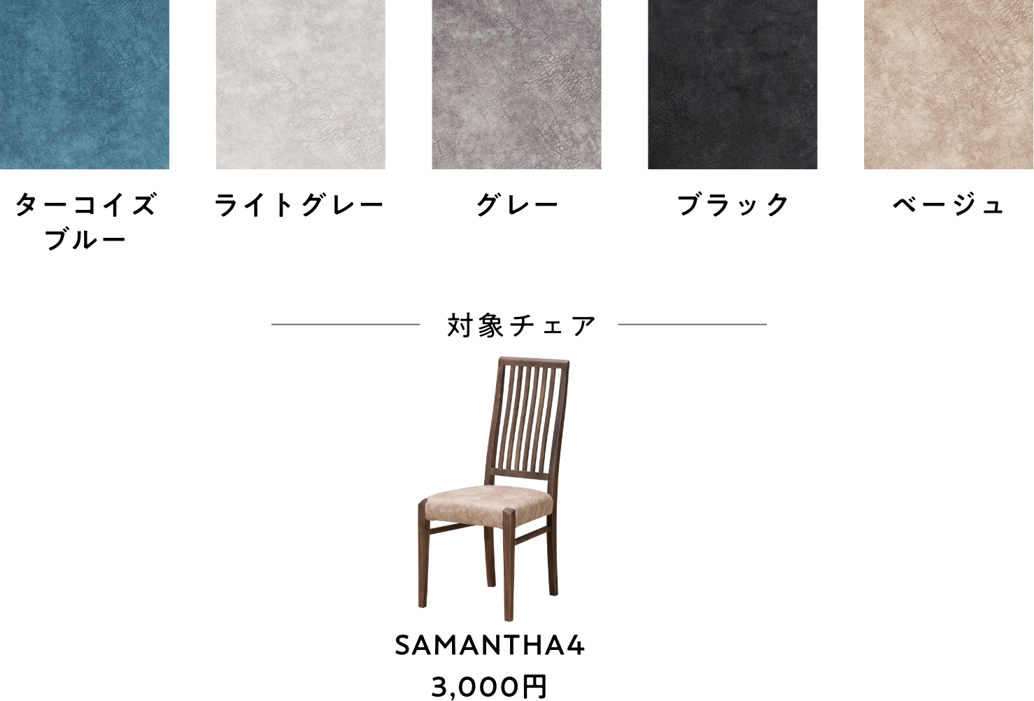 チェアカバー MELONのカラー5色（ターコイズブルー・ライトグレー・グレー・ブラック・ベージュ）と対象チェア SAMANTHA4 3,000円